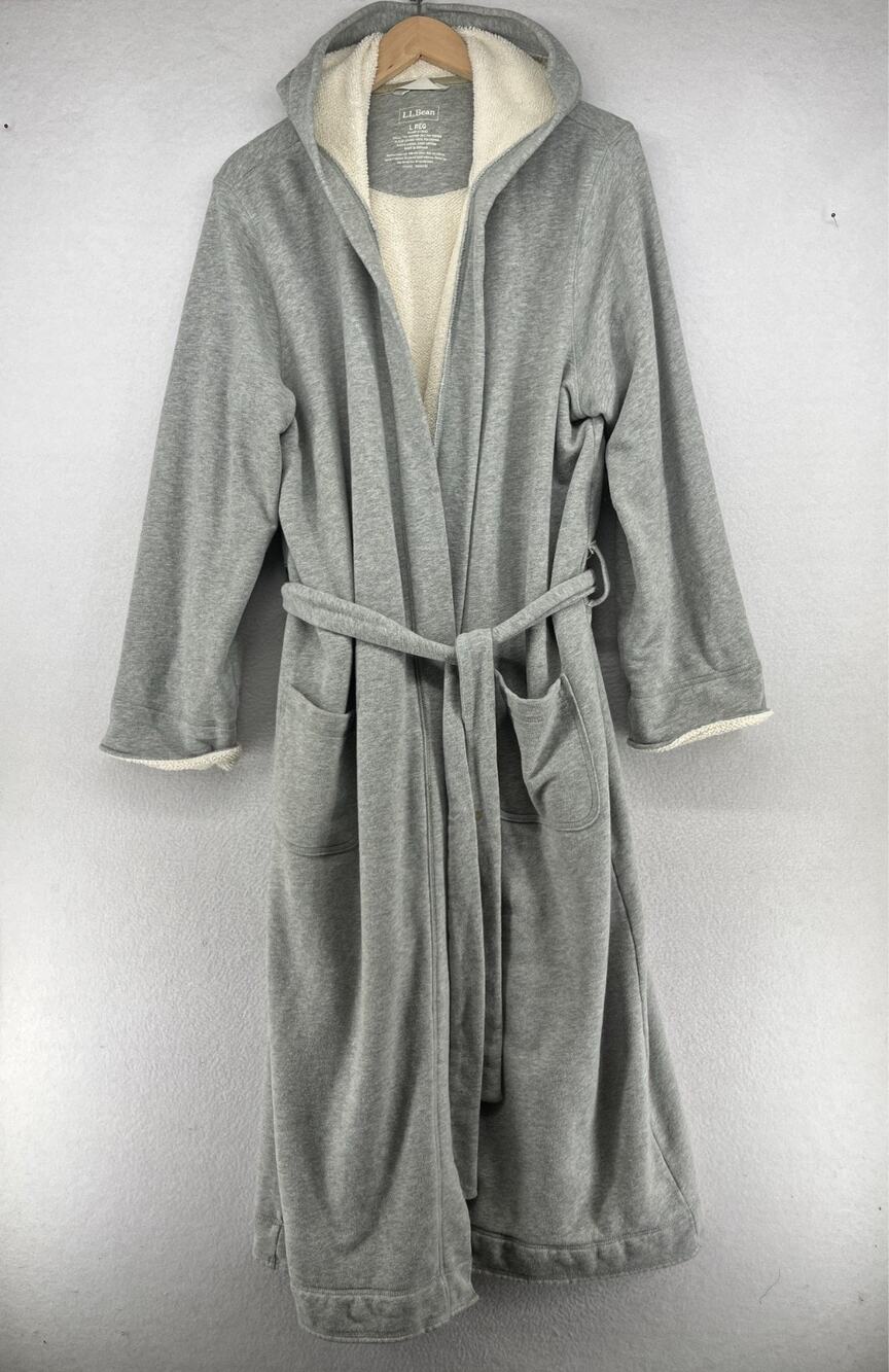 LL BEAN Robe Mens L Hoodie Berber Fleece Lined Wrap Tie Belt Cotton Blend Gray